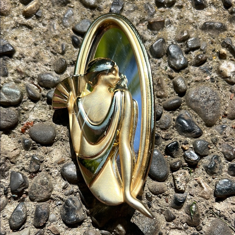 AJC Art Deco Flapper Lady With Fan & Mirror Gold Tone Pin Brooch 1980s